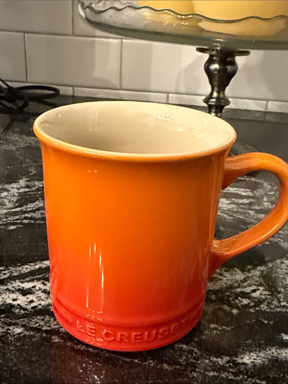Le Creuset Coffee Mug 12oz Orange Flame Stoneware Shiny Tea Kitchen Ombre